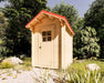 A closed-door view of a compact, light-toned garden shed with red roofing nestled in a green landscape, showcasing the Sawmill Structures The Wee Wee House 33 Garden Room