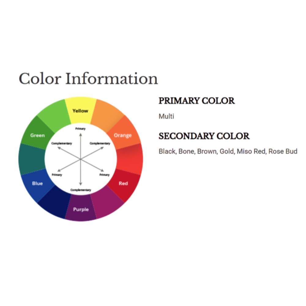 A color chart for Couristan Dolce Indoor/Outdoor Rug - Amalfi/Multi identifies its tones, including black, gold, miso red, and rose bud on a multi-colored base