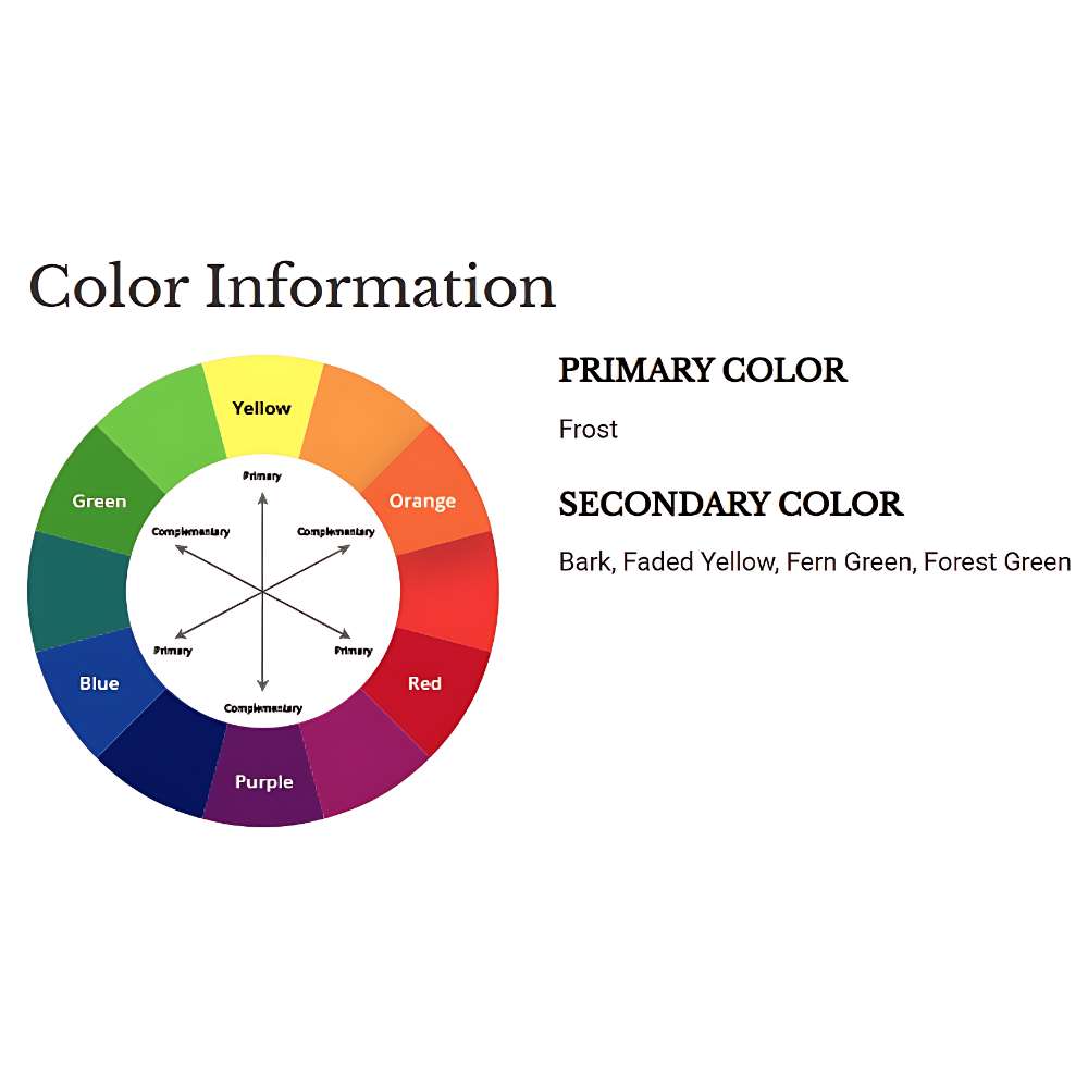 A color wheel shows that Couristan Dolce Indoor/Outdoor Rug - Bamboo Forest/Frost uses Frost as the primary color with bark, faded yellow, fern green, and forest green as accents
