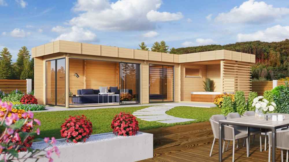 A colorful garden scene with vibrant flowers surrounds the sleek, modern GardenHouse24 USA Sauna Quieto 70 Garden Room
