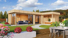 A colorful garden scene with vibrant flowers surrounds the sleek, modern GardenHouse24 USA Sauna Quieto 70 Garden Room