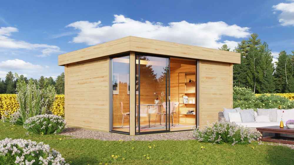 A compact GardenHouse24 USA ALU Concept 70P Garden Room with large glass sliding doors and a view of a modern interior workspace is shown