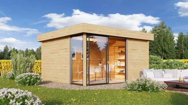 A compact GardenHouse24 USA ALU Concept 70P Garden Room with large glass sliding doors and a view of a modern interior workspace is shown