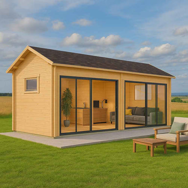 A compact modern wooden cabin with dark-trimmed glass sliding doors and a green lawn is the GardenHouse24 USA ALU Concept Jara 70B Garden Room