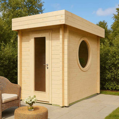 A compact wooden GardenHouse24 USA Sauna Tuuli 90 Garden Room with a flat roof, vertical glass door, and a large circular window on the side