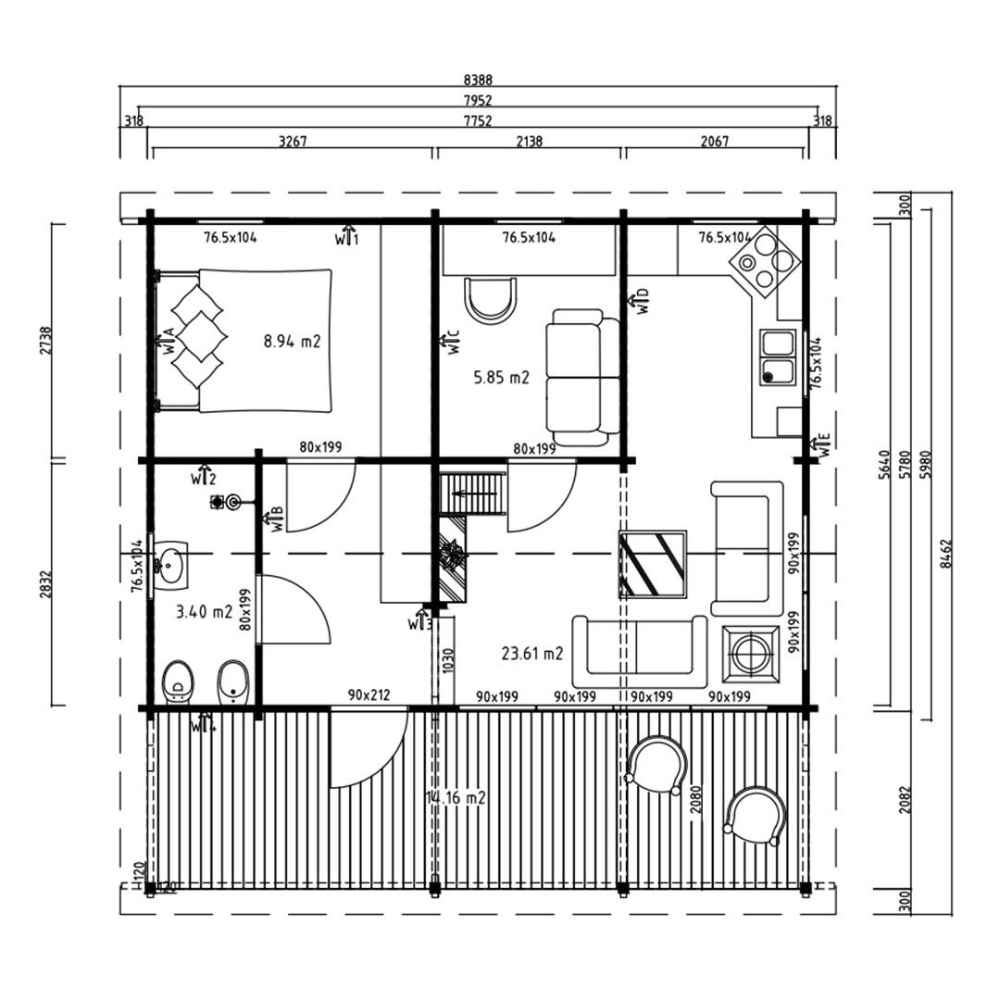 A complete architectural layout of the GardenHouse24 USA Mikka 70B Garden Room showing a bedroom, bathroom, living area, kitchen, and covered porch