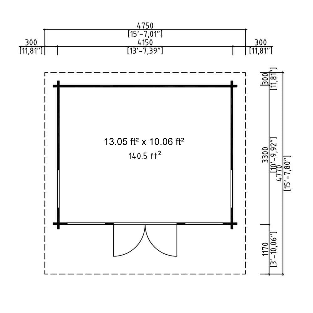 A_converted_floor_plan_in_feet_and_inches_showing_the_140.5_square_foot_interior_of_the_GardenHouse24_USA_Barbara_44A_Garden_Room