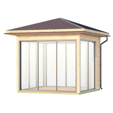 A corner angle image highlights the seamless glass walls and clean wood finish of the GardenHouse24 USA Glaspavillon ALU 44D ISO Garden Room
