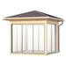A corner angle image highlights the seamless glass walls and clean wood finish of the GardenHouse24 USA Glaspavillon ALU 44D ISO Garden Room