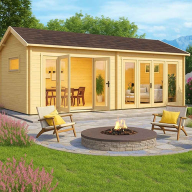 A cozy GardenHouse24 USA Jara 70B Garden Room with large glass doors opens to a fire pit surrounded by modern chairs on a stone patio
