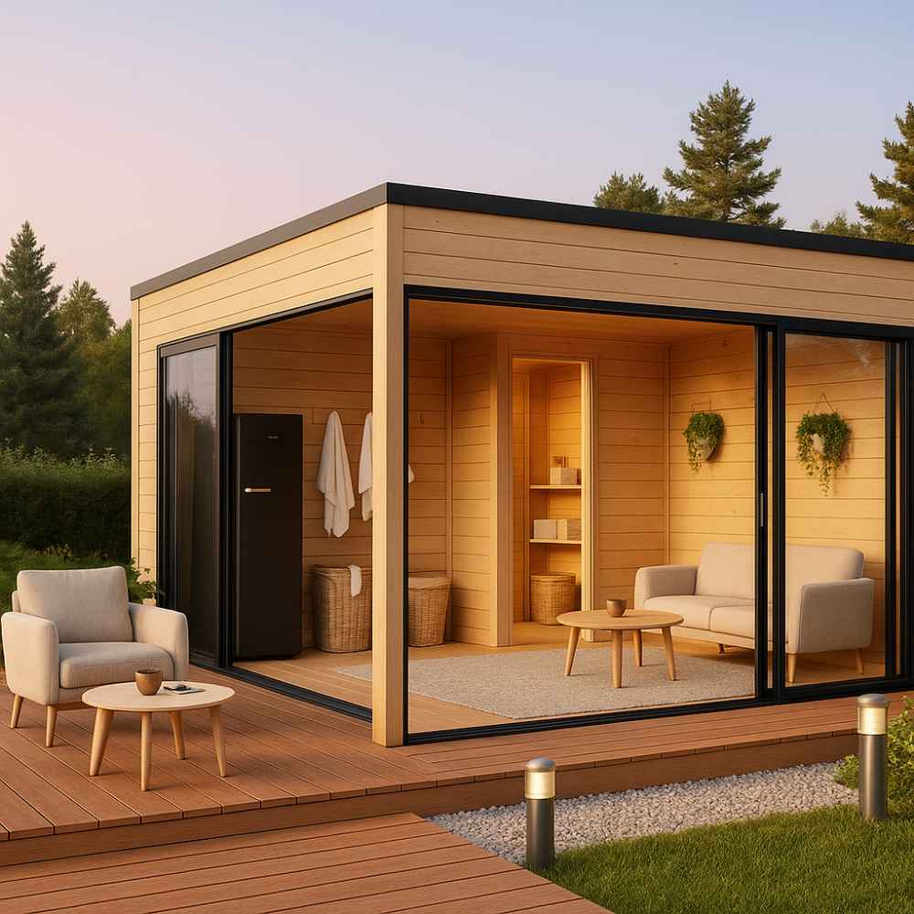 A cozy GardenHouse24 USA Q Bic ALU 70F Sauna Garden Room with glass walls, showing a warm interior and modern sauna setup