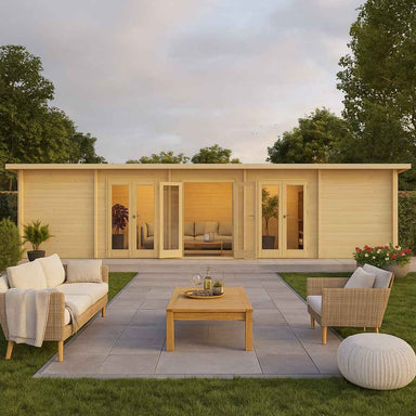 A cozy and modern backyard setup shows the GardenHouse24 USA Game Room 70 Garden Room with a wide glass front and a stylish outdoor lounge area in front