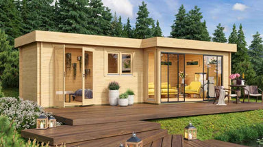 A cozy and modern wooden cabin with a spacious deck and glass sliding doors, nestled in a lush forest, showcases the GardenHouse24 USA ALU Concept 70K Garden Room