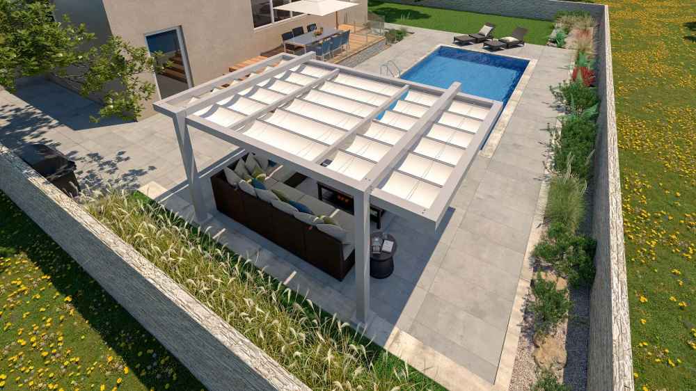 A cozy backyard setup features a Structureworks Balance Trex Pergola with a white canopy sheltering an outdoor sectional sofa beside a private pool