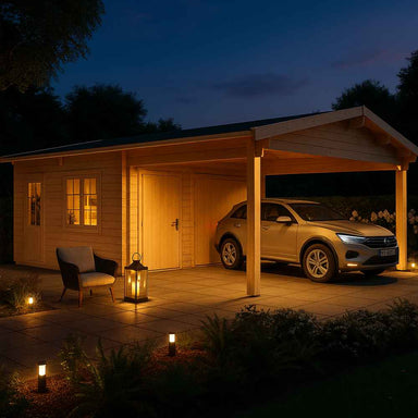 A cozy evening view of the GardenHouse24 USA Double Carport Erki 44 Garden Room with soft outdoor lighting and a car parked under the wooden shelter