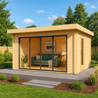 A cozy garden room with four-panel sliding doors and a corner sofa is shown as the GardenHouse24 USA ALU Concept 70E Garden Room