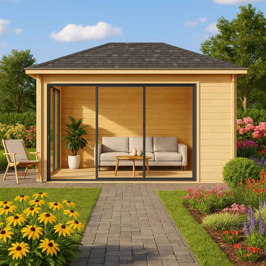 A cozy interior view of the GardenHouse24 USA Pavilion ALU 44C Garden Room shows a modern sofa set and potted plant
