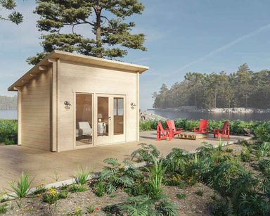 A cozy lakeside retreat showcases the Sawmill Structures The Versa 107 70MM Garden Room beside a firepit and four bold red chairs on a wooden deck
