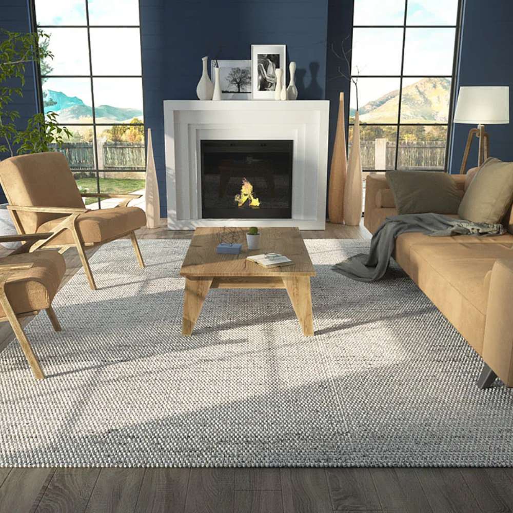 A cozy living room featuring Momeni Andes Indoor Rug - AND-8 Ivory adding warmth and texture beneath a modern wood coffee table