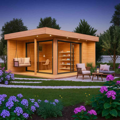 A cozy, modern GardenHouse24 USA ALU Concept Relax 70A Garden Room with large glass doors, a hanging chair, indoor office setup, and soft evening lighting surrounded by blooming flowers