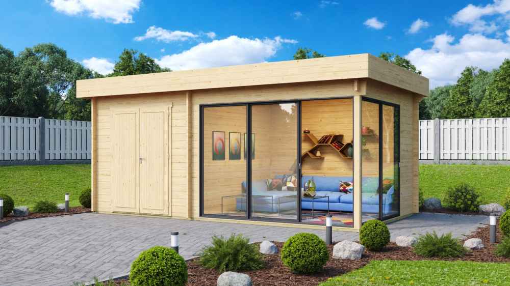 A cozy modern backyard structure with a wooden finish, glass sliding doors, and a small storage room attached, known as the GardenHouse24 USA ALU Concept 70J Garden Room