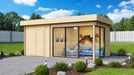 A cozy modern backyard structure with a wooden finish, glass sliding doors, and a small storage room attached, known as the GardenHouse24 USA ALU Concept 70J Garden Room
