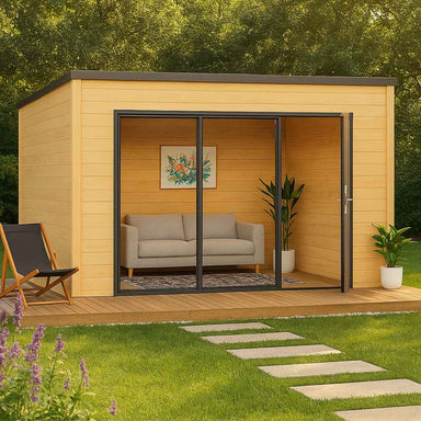 A cozy, modern light wood GardenHouse24 USA Q Bic ALU 44A Garden Room with black-trim sliding glass doors, a gray sofa, plants, and a colorful painting inside