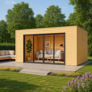 A cozy modern structure with wood paneling and glass sliding doors showcases the GardenHouse24 USA Ramsay 70 A ALU Garden Room nestled in a lush green backyard