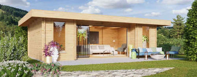 A cozy modern wood-clad building with large sliding glass doors and outdoor seating on a stone patio is the GardenHouse24 USA Barbara 44A Garden Room