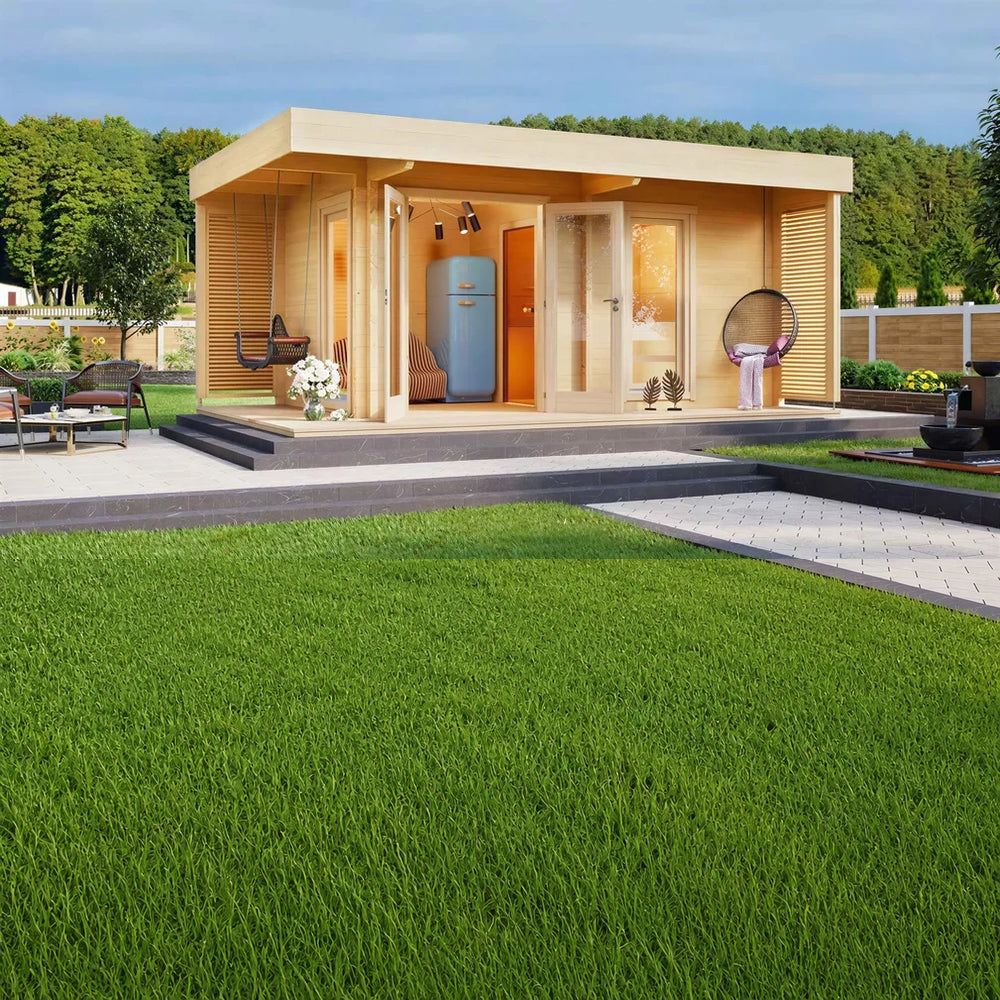 A cozy, modern wood-paneled GardenHouse24 USA Asta 70 Garden Room sits in a landscaped garden with an open door revealing a vintage blue fridge inside