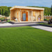 A cozy, modern wood-paneled GardenHouse24 USA Asta 70 Garden Room sits in a landscaped garden with an open door revealing a vintage blue fridge inside