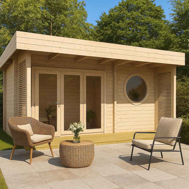 A cozy modern wood GardenHouse24 USA Sauna Sirpa 90 Garden Room with a round window and glass doors sits in a serene garden