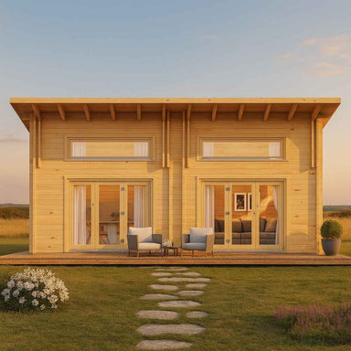 A cozy modern wood cabin with twin glass doors and patio seating showcases the GardenHouse24 USA Darcy 70 Garden Room in a serene open field