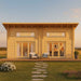 A cozy modern wood cabin with twin glass doors and patio seating showcases the GardenHouse24 USA Darcy 70 Garden Room in a serene open field