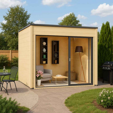 A cozy, modern wooden structure with large glass doors and minimalist interior, the GardenHouse24 USA Q Bic ALU 70G Garden Room offers a peaceful retreat in a landscaped backyard