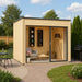 A cozy, modern wooden structure with large glass doors and minimalist interior, the GardenHouse24 USA Q Bic ALU 70G Garden Room offers a peaceful retreat in a landscaped backyard