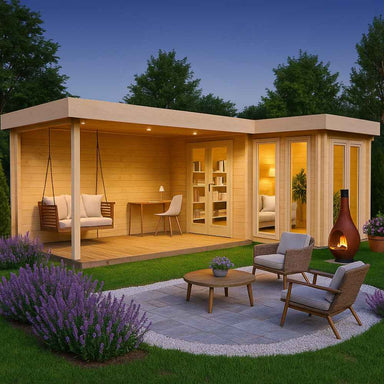 A cozy outdoor space featuring the GardenHouse24 USA Luisa 70 Garden Room lit warmly at dusk with a swing, desk, and lounge area surrounded by greenery
