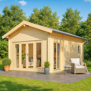 A cozy patio setup complements the GardenHouse24 USA Sigrid 44 Garden Room with wicker furniture outside its pale wood frame and wide glass doors