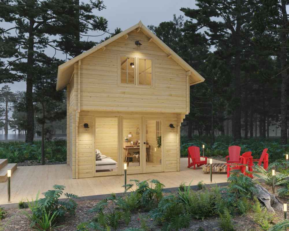 A cozy, two-story Sawmill Structures GrandView 150 70MM Garden Room with warm lighting sits on a forest clearing