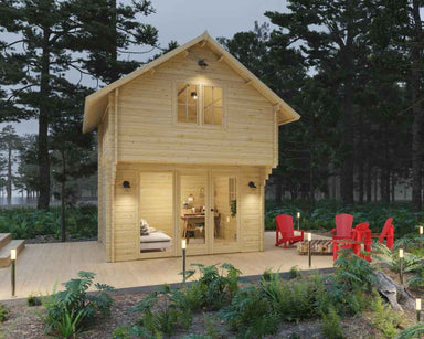 A cozy, two-story Sawmill Structures GrandView 150 70MM Garden Room with warm lighting sits on a forest clearing