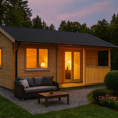 A cozy, warmly lit GardenHouse24 USA Granny Flat Malta Garden Room sits in a grassy garden at dusk
