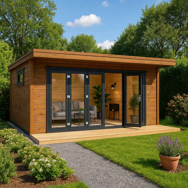 A cozy wood-paneled studio with large glass doors and a small deck sits in a lush garden, perfect for relaxing or working in the GardenHouse24 USA Paul 70 Garden Room