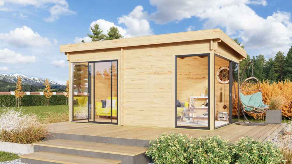 A cozy wooden GardenHouse24 USA ALU Concept 70G Garden Room with large glass doors and windows on a raised wooden deck, perfect for lounging or working