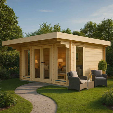 A cozy wooden GardenHouse24 USA Barbara 44A Garden Room with double glass doors and warm lighting inside, set on a curved path with two cushioned outdoor chairs