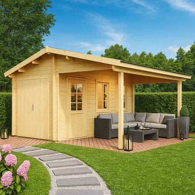 A cozy wooden GardenHouse24 USA Garage Bjarne 44 Garden Room with a spacious covered patio, modern gray outdoor furniture, and a brick base