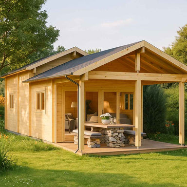 A cozy wooden GardenHouse24 USA Lake House 70A Garden Room with a covered outdoor dining area is bathed in warm sunlight
