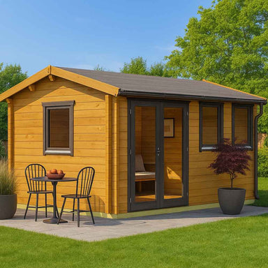 A cozy wooden GardenHouse24 USA Miriam 44A Classic Garden Room with a small patio, chairs, and potted plants is shown under a bright blue sky