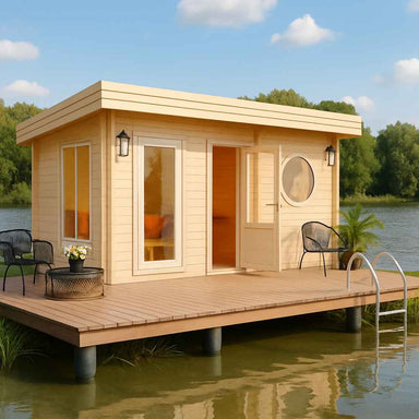 A cozy wooden GardenHouse24 USA Sauna Sahib 70 Garden Room with a circular window sits on a lakeside deck with two black chairs and a ladder into the water
