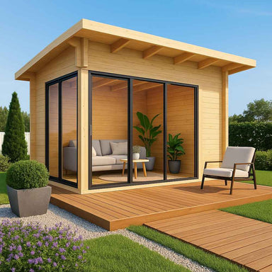 A cozy wooden GardenHouse24 USA Starla 44A ALU Garden Room with large glass sliding doors and modern patio furniture is shown on a sunny lawn