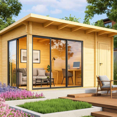 A cozy wooden GardenHouse24 USA Starla 44B ALU Garden Room with large glass sliding doors and a garden backdrop